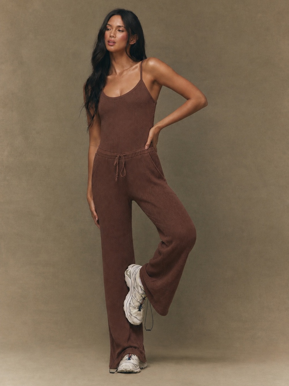 SET Active Waffle Knit One Piece Ribbed Wide-Leg Jumpsuit in Brown